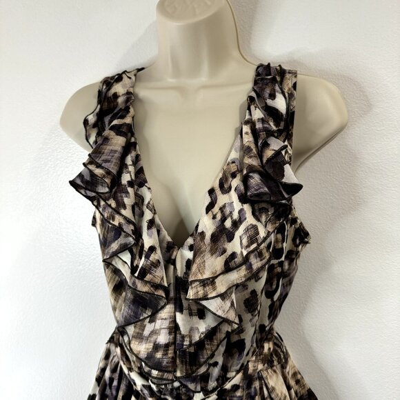 H&M Dress Size 12 Fit & Flare Satin Leopard Ruffle Brown Black Belted Stretch - Picture 2 of 9